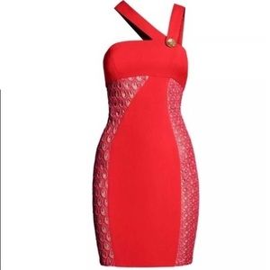 VERSACE for H&M Red Lace Dress Gold Button Asymmetrical Collar Strap Size 4